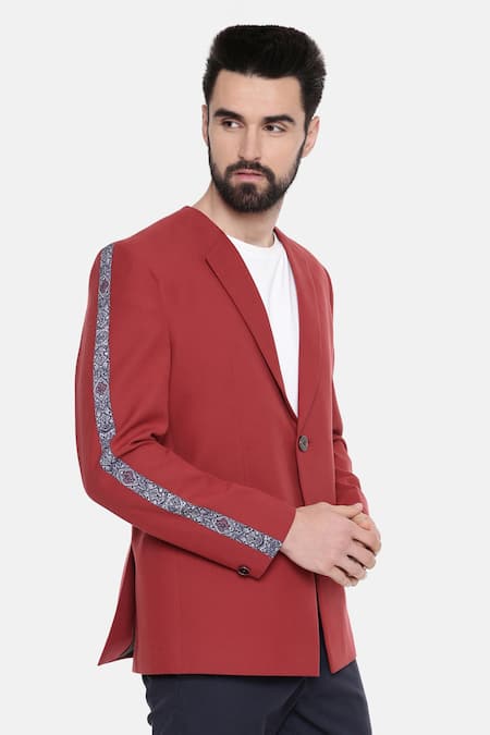 Mayank Modi - Men_Red Cotton, Linen Embroidery Floral Print Blazer For Kids_Online_at_Aza_Fashions