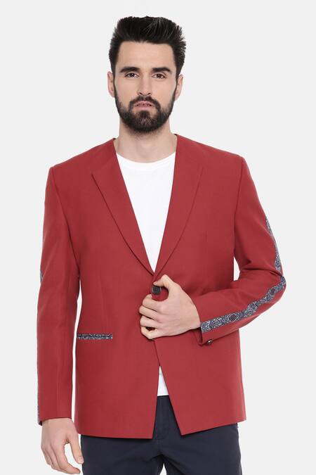 Buy_Mayank Modi - Men_Red Cotton, Linen Embroidery Floral Print Blazer For Kids_Online_at_Aza_Fashions