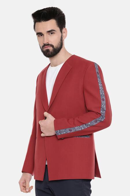Shop_Mayank Modi - Men_Red Cotton, Linen Embroidery Floral Print Blazer For Kids_Online_at_Aza_Fashions