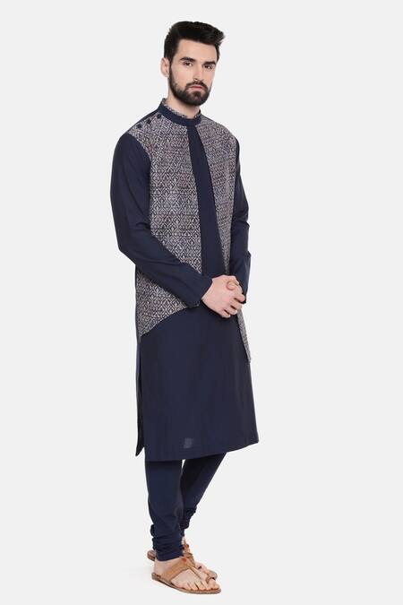 Mayank Modi - Men_Blue Silk/chanderi Geometric Print Kurta Set_Online_at_Aza_Fashions