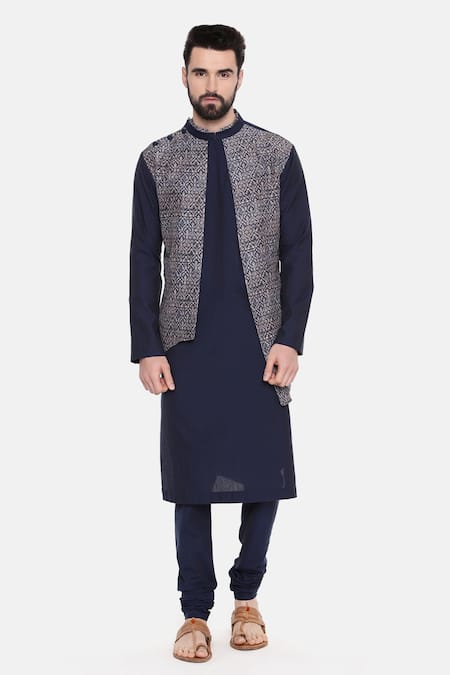 Buy_Mayank Modi - Men_Blue Silk/chanderi Geometric Print Kurta Set_Online_at_Aza_Fashions