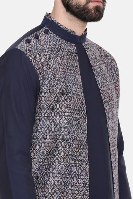 Shop_Mayank Modi - Men_Blue Silk/chanderi Geometric Print Kurta Set_Online_at_Aza_Fashions