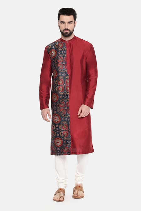 Mayank Modi - Men Red Silk/chanderi Printed Floral Kurta Set 