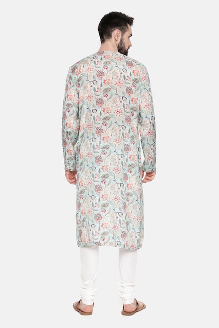 Shop_Mayank Modi - Men_Green Silk/muslin Printed Floral Kurta Set _at_Aza_Fashions