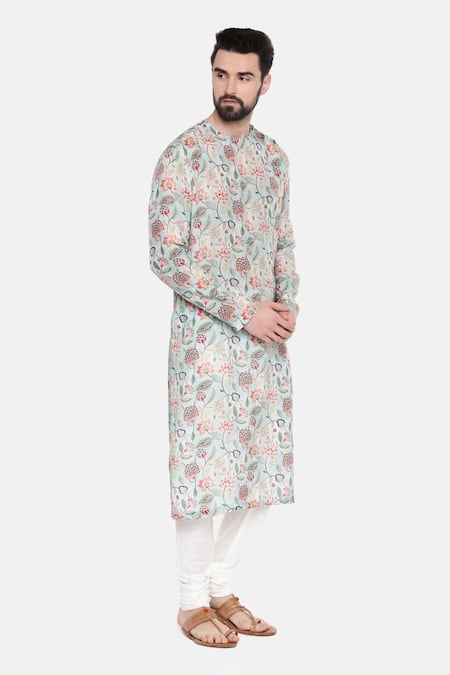 Mayank Modi - Men_Green Silk/muslin Printed Floral Kurta Set _Online_at_Aza_Fashions