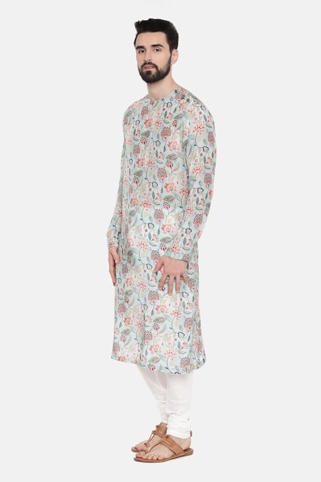 Shop_Mayank Modi - Men_Green Silk/muslin Printed Floral Kurta Set _Online_at_Aza_Fashions