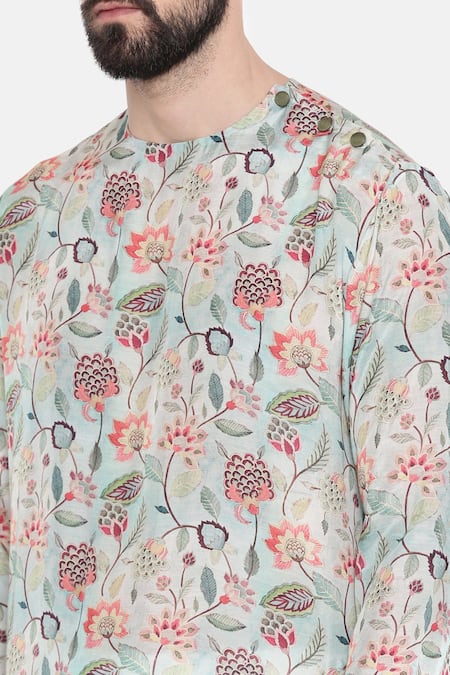 Mayank Modi - Men_Green Silk/muslin Printed Floral Kurta Set _at_Aza_Fashions