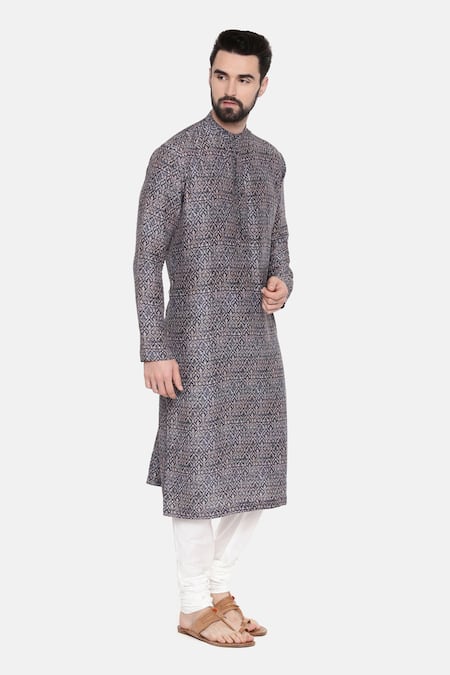 Mayank Modi - Men_Blue Bemberg Linen Geometric Print Kurta Set_Online_at_Aza_Fashions