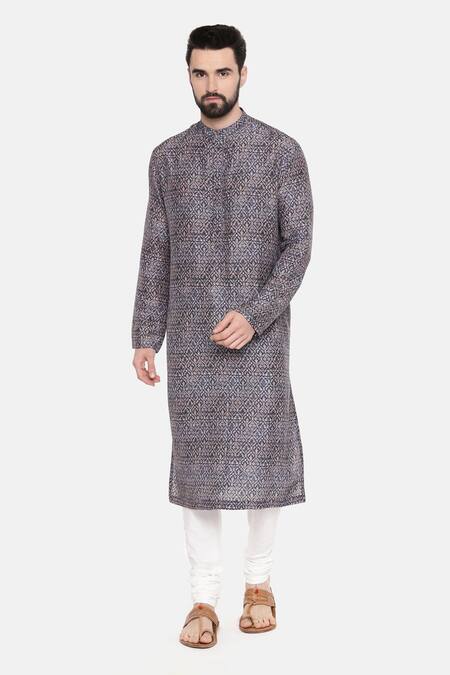 Buy_Mayank Modi - Men_Blue Bemberg Linen Geometric Print Kurta Set_Online_at_Aza_Fashions
