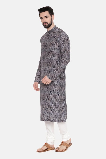 Shop_Mayank Modi - Men_Blue Bemberg Linen Geometric Print Kurta Set_Online_at_Aza_Fashions