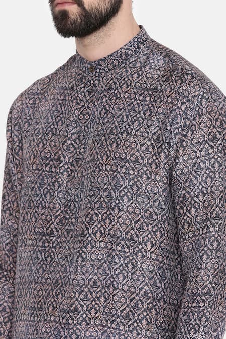 Mayank Modi - Men_Blue Bemberg Linen Geometric Print Kurta Set_at_Aza_Fashions