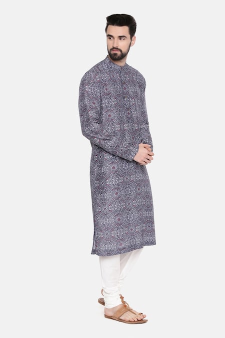 Mayank Modi - Men_Blue Bemberg Linen Floral Print Kurta Set_Online_at_Aza_Fashions