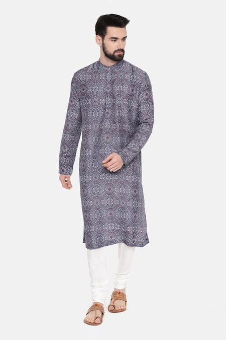 Buy_Mayank Modi - Men_Blue Bemberg Linen Floral Print Kurta Set_Online_at_Aza_Fashions