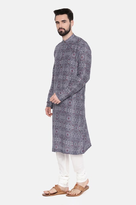 Shop_Mayank Modi - Men_Blue Bemberg Linen Floral Print Kurta Set_Online_at_Aza_Fashions