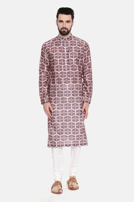 Buy_Mayank Modi - Men_Red Silk, Chanderi, Cotton Kurta Set_Online_at_Aza_Fashions