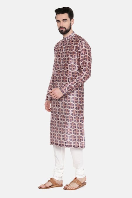 Shop_Mayank Modi - Men_Red Silk, Chanderi, Cotton Kurta Set_Online_at_Aza_Fashions