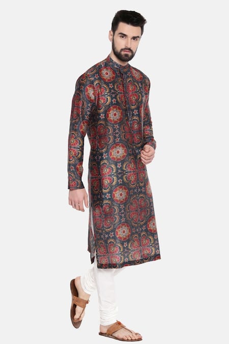 Mayank Modi - Men Red Silk Chanderi Floral Kurta Set Online at Aza Fashions Mayank Modi - Men_Red Silk Chanderi Floral Kurta Set _Online_at_Aza_Fashions