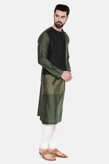Mayank Modi - Men_Green Silk/cotton Plain Colorblock Kurta Set _Online_at_Aza_Fashions