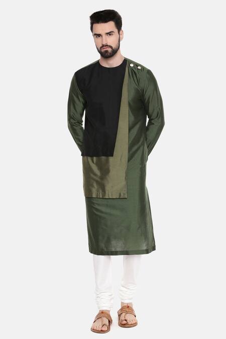 Buy_Mayank Modi - Men_Green Silk/cotton Plain Colorblock Kurta Set _Online_at_Aza_Fashions
