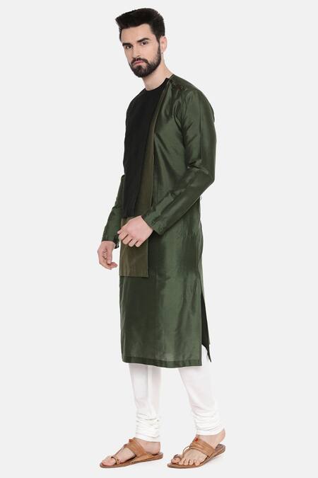 Shop_Mayank Modi - Men_Green Silk/cotton Plain Colorblock Kurta Set _Online_at_Aza_Fashions