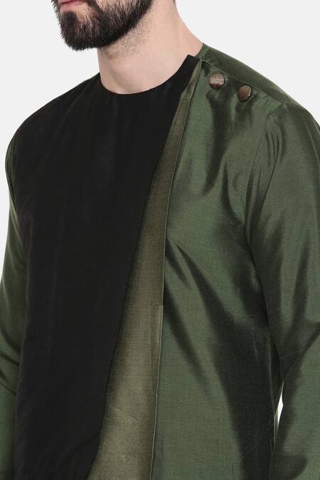 Mayank Modi - Men_Green Silk/cotton Plain Colorblock Kurta Set _at_Aza_Fashions