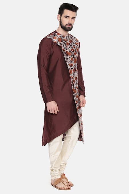 Mayank Modi - Men_Brown Silk/chanderi Floral Print Kurta Set _Online_at_Aza_Fashions