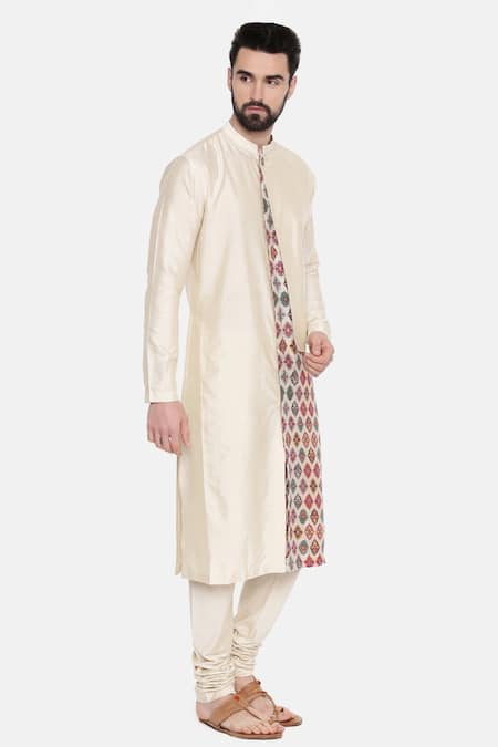 Mayank Modi - Men_Beige Silk/chanderi Floral Print Kurta Set _Online_at_Aza_Fashions