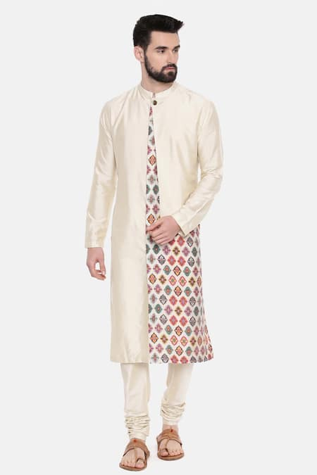 Buy_Mayank Modi - Men_Beige Silk/chanderi Floral Print Kurta Set _Online_at_Aza_Fashions