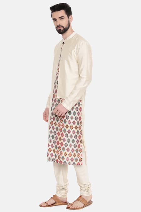 Shop_Mayank Modi - Men_Beige Silk/chanderi Floral Print Kurta Set _Online_at_Aza_Fashions
