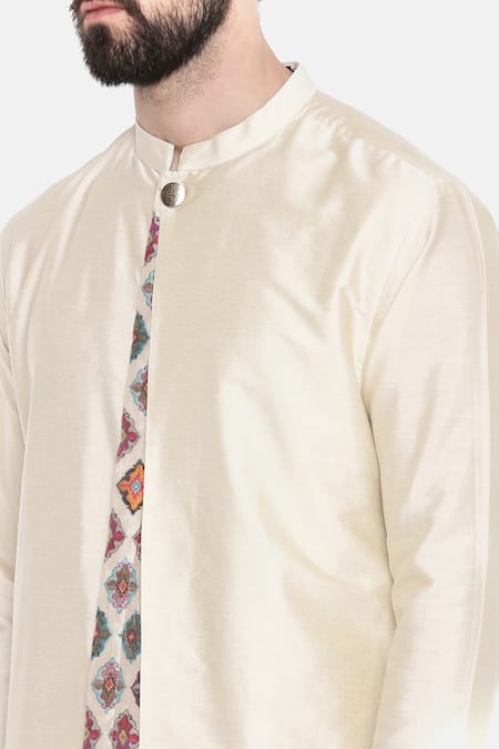 Mayank Modi - Men_Beige Silk/chanderi Floral Print Kurta Set _at_Aza_Fashions