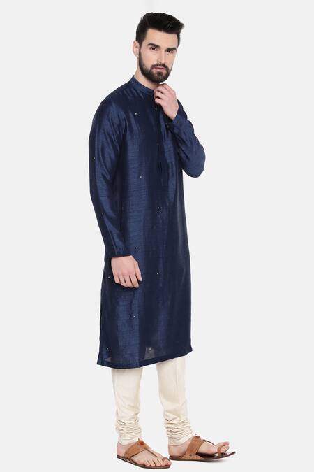 Mayank Modi - Men Blue Silk And Cotton Slub Mukaish Work Embroidered Kurta & Churidar Set Online at Aza Fashions Mayank Modi - Men_Blue Silk And Cotton Slub Mukaish Work Embroidered Kurta & Churidar Set _Online_at_Aza_Fashions