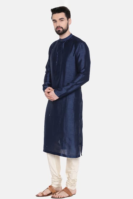 Shop Mayank Modi - Men Blue Silk And Cotton Slub Mukaish Work Embroidered Kurta & Churidar Set Online at Aza Fashions Shop_Mayank Modi - Men_Blue Silk And Cotton Slub Mukaish Work Embroidered Kurta & Churidar Set _Online_at_Aza_Fashions
