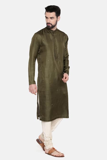 Mayank Modi - Men_Green Silk And Cotton Slub Mukaish Work Embroidered Kurta & Churidar Set _Online_at_Aza_Fashions