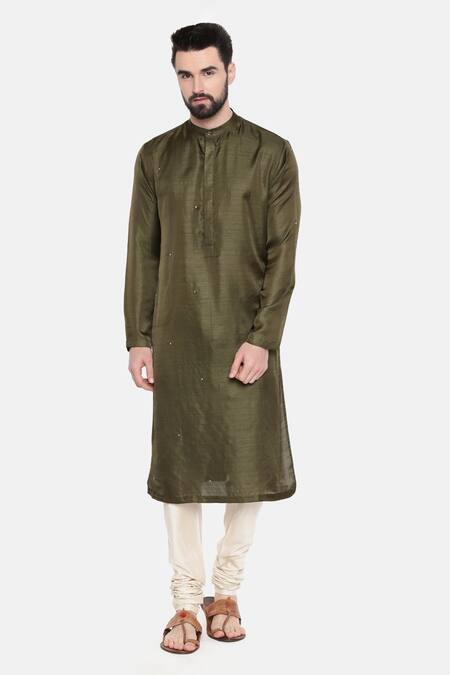Buy_Mayank Modi - Men_Green Silk And Cotton Slub Mukaish Work Embroidered Kurta & Churidar Set _Online_at_Aza_Fashions