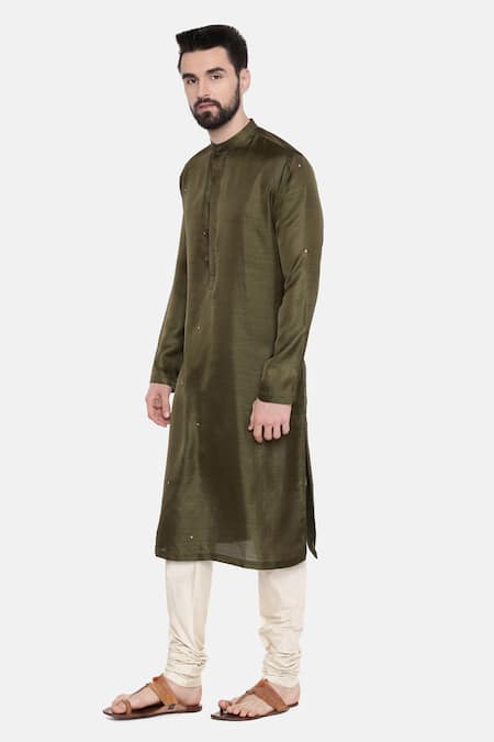 Shop_Mayank Modi - Men_Green Silk And Cotton Slub Mukaish Work Embroidered Kurta & Churidar Set _Online_at_Aza_Fashions