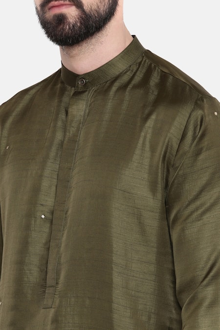 Mayank Modi - Men_Green Silk And Cotton Slub Mukaish Work Embroidered Kurta & Churidar Set _at_Aza_Fashions