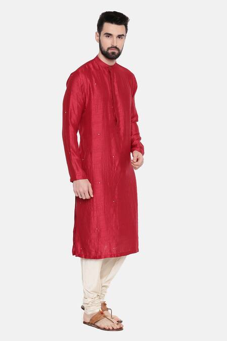 Mayank Modi - Men Red Silk And Cotton Slub Mukaish Work Embroidered Kurta & Churidar Set Online at Aza Fashions Mayank Modi - Men_Red Silk And Cotton Slub Mukaish Work Embroidered Kurta & Churidar Set _Online_at_Aza_Fashions