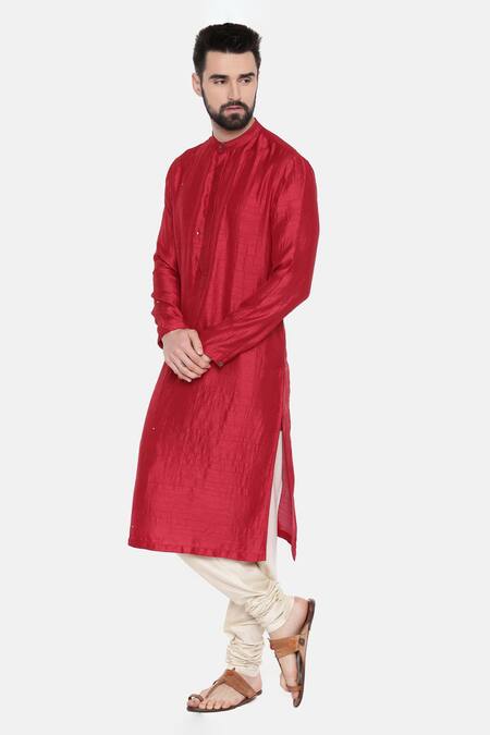 Shop Mayank Modi - Men Red Silk And Cotton Slub Mukaish Work Embroidered Kurta & Churidar Set Online at Aza Fashions Shop_Mayank Modi - Men_Red Silk And Cotton Slub Mukaish Work Embroidered Kurta & Churidar Set _Online_at_Aza_Fashions