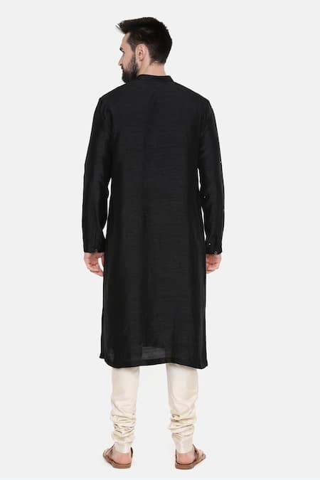 Shop Mayank Modi - Men Black Silk And Cotton Slub Mukaish Work Embroidered Kurta & Churidar Set at Aza Fashions Shop_Mayank Modi - Men_Black Silk And Cotton Slub Mukaish Work Embroidered Kurta & Churidar Set _at_Aza_Fashions