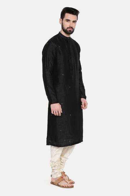 Mayank Modi - Men Black Silk And Cotton Slub Mukaish Work Embroidered Kurta & Churidar Set Online at Aza Fashions Mayank Modi - Men_Black Silk And Cotton Slub Mukaish Work Embroidered Kurta & Churidar Set _Online_at_Aza_Fashions