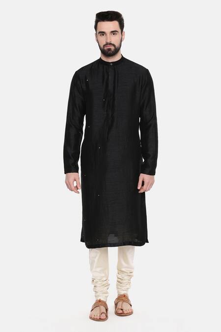 Buy Mayank Modi - Men Black Silk And Cotton Slub Mukaish Work Embroidered Kurta & Churidar Set Online at Aza Fashions Buy_Mayank Modi - Men_Black Silk And Cotton Slub Mukaish Work Embroidered Kurta & Churidar Set _Online_at_Aza_Fashions