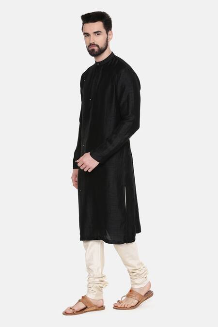 Shop Mayank Modi - Men Black Silk And Cotton Slub Mukaish Work Embroidered Kurta & Churidar Set Online at Aza Fashions Shop_Mayank Modi - Men_Black Silk And Cotton Slub Mukaish Work Embroidered Kurta & Churidar Set _Online_at_Aza_Fashions