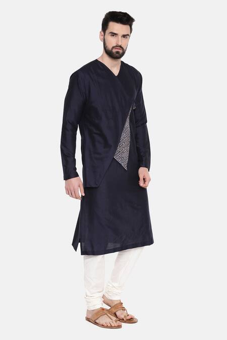 Mayank Modi - Men_Blue Silk And Chanderi Floral Print Kurta & Churidar Set_Online_at_Aza_Fashions
