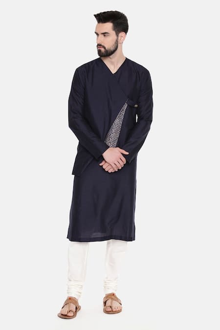 Buy_Mayank Modi - Men_Blue Silk And Chanderi Floral Print Kurta & Churidar Set_Online_at_Aza_Fashions