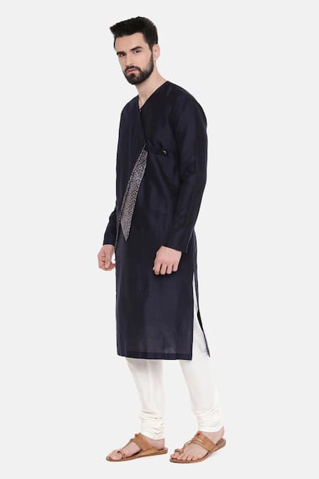 Shop_Mayank Modi - Men_Blue Silk And Chanderi Floral Print Kurta & Churidar Set_Online_at_Aza_Fashions