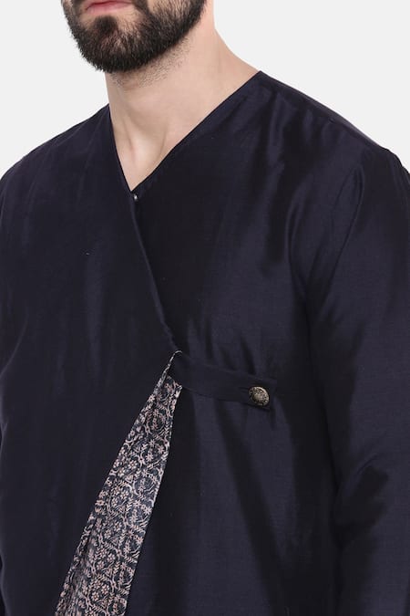 Mayank Modi - Men_Blue Silk And Chanderi Floral Print Kurta & Churidar Set_at_Aza_Fashions