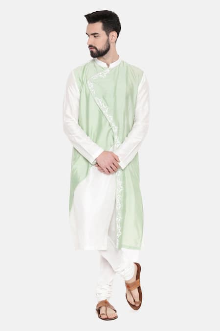 Mayank Modi - Men Ivory Silk And Cotton Embroidery Band Collar Kurta & Churidar Set