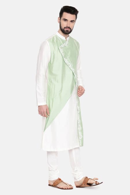 Mayank Modi - Men_Ivory Silk And Cotton Band Collar Kurta & Churidar Set_Online_at_Aza_Fashions