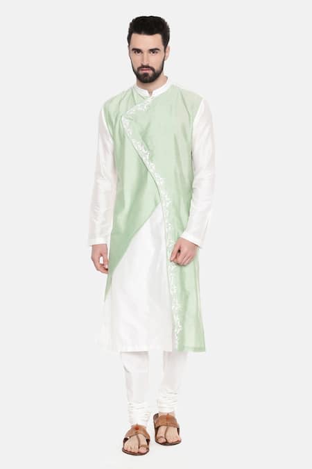 Buy_Mayank Modi - Men_Ivory Silk And Cotton Band Collar Kurta & Churidar Set_Online_at_Aza_Fashions
