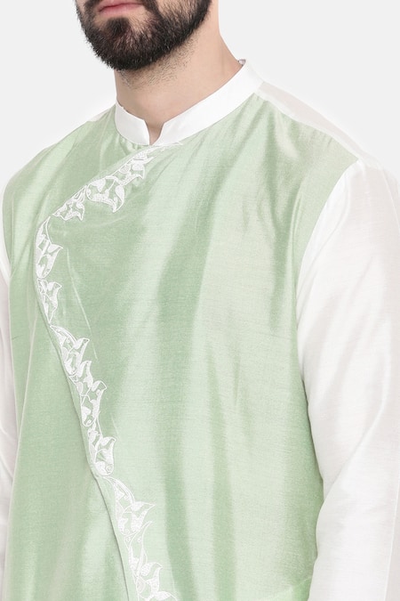Mayank Modi - Men_Ivory Silk And Cotton Band Collar Kurta & Churidar Set_at_Aza_Fashions
